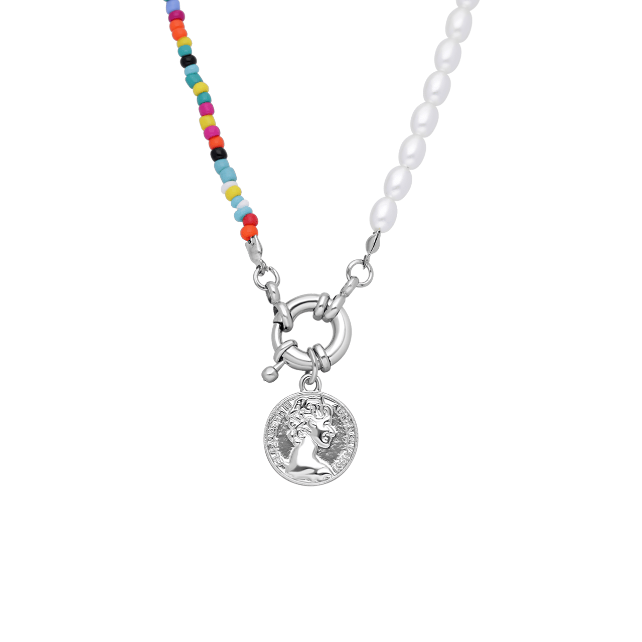 Bijoux zilverkleurige ketting met hanger munt met parel voor dames