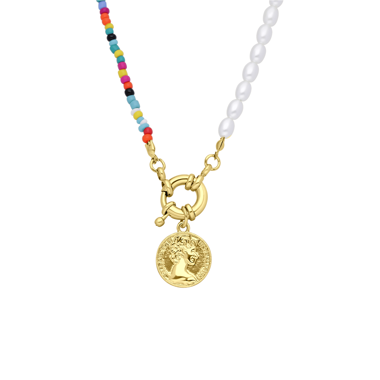 Bijoux goudkleurige ketting met hanger munt met parel voor dames