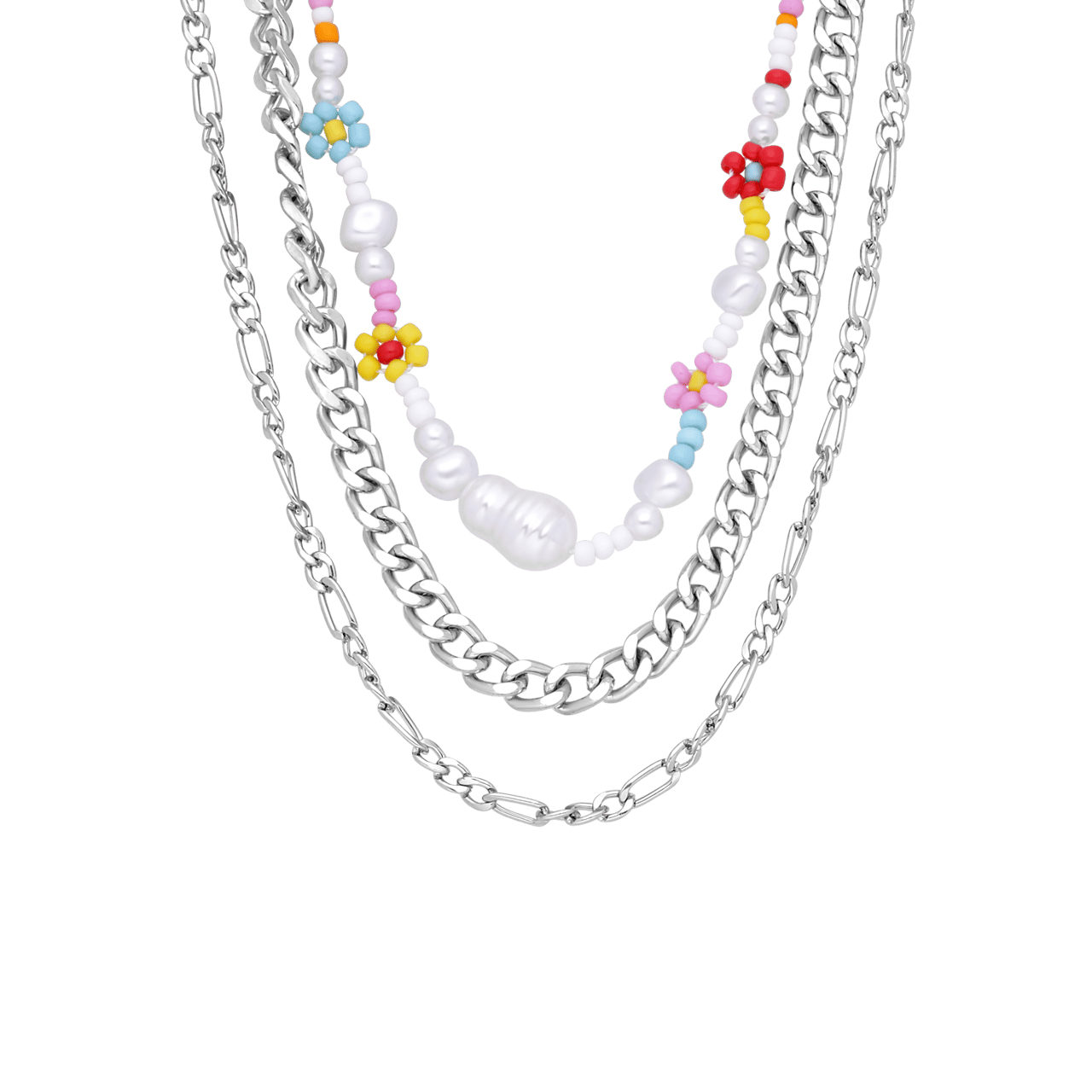 Silberfarbene Bijoux-Halsketten, Blumen