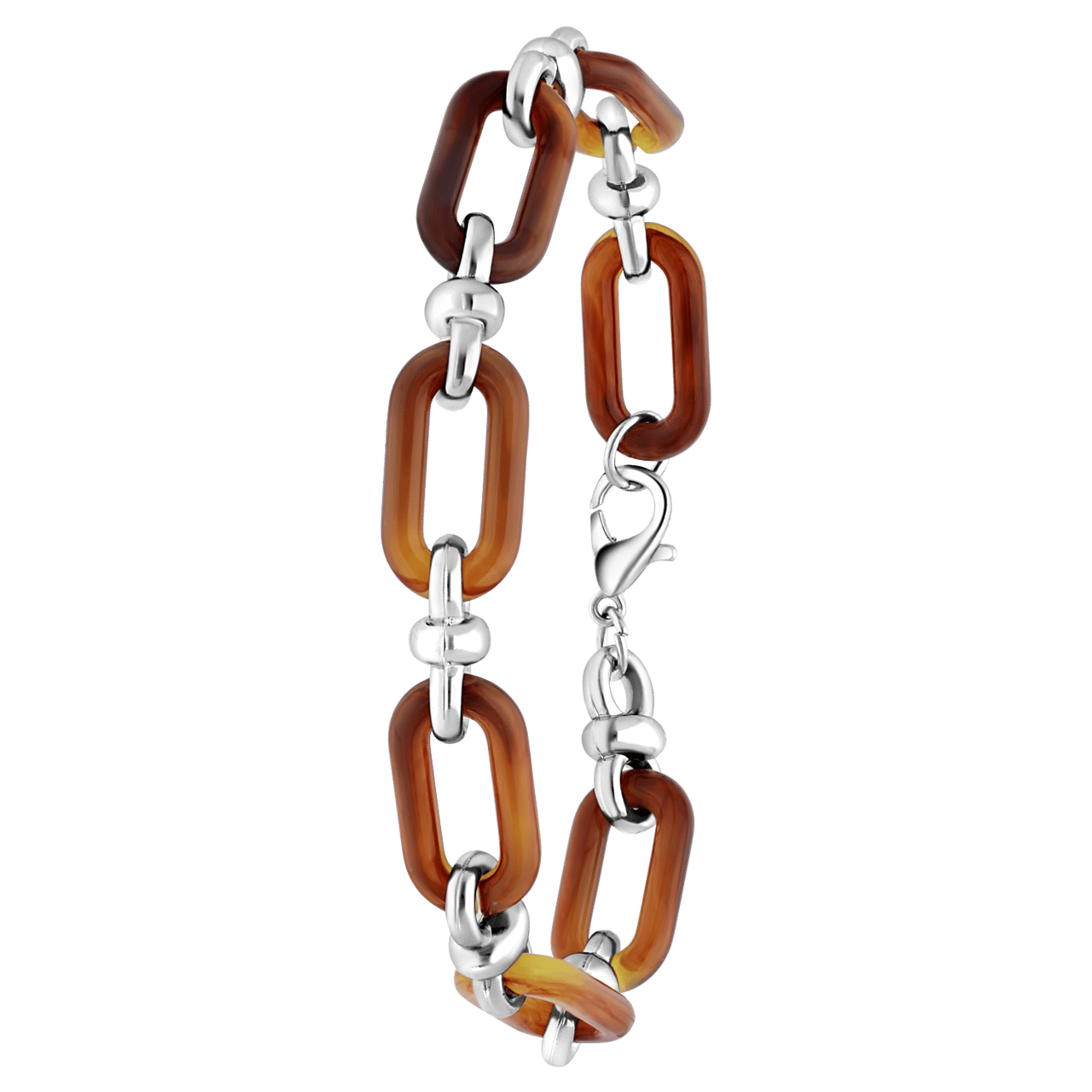 Zilvekleurige bijoux armband bruine gourmetschakel