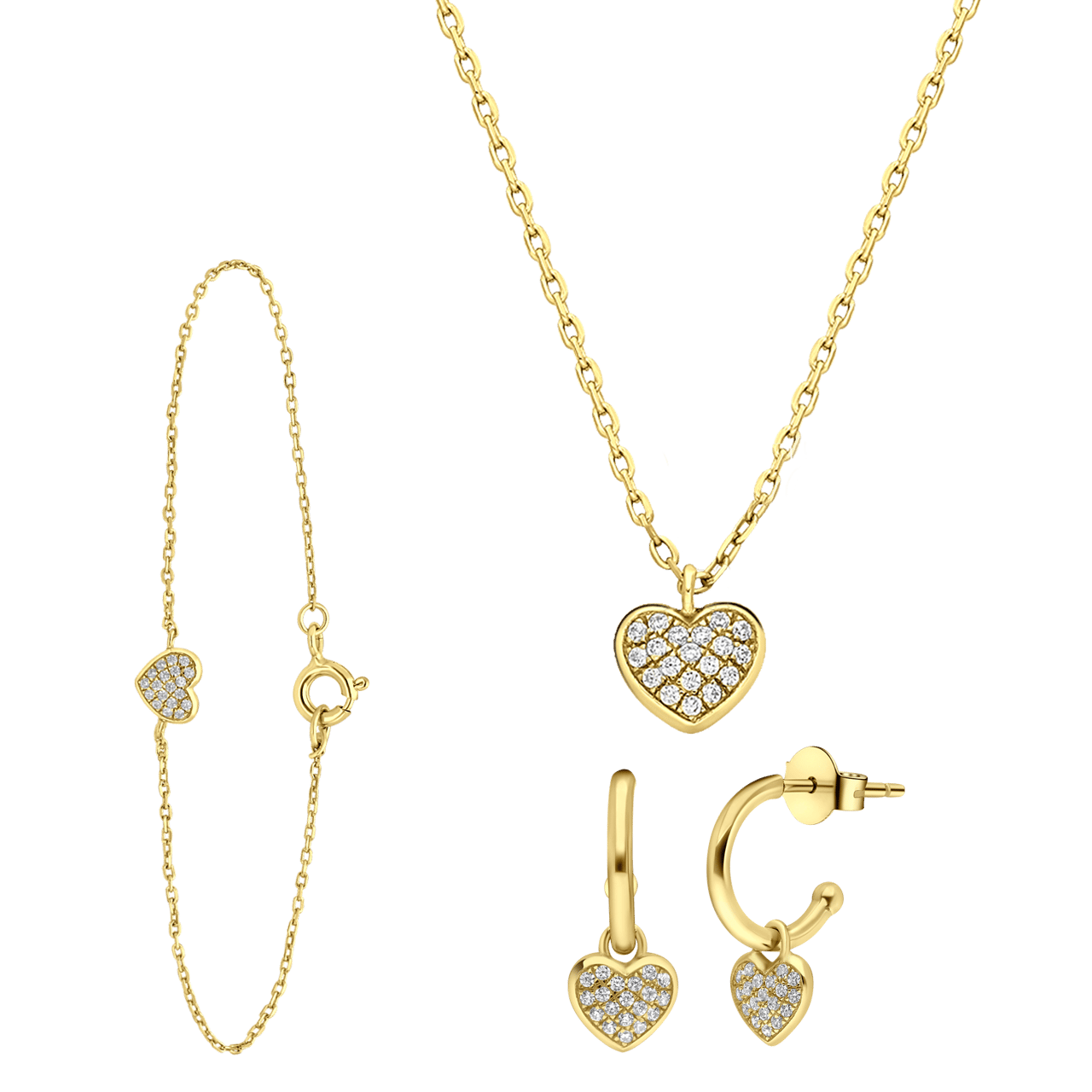 Zilveren goldplated cadeauset hart met zirkonia voor dames
