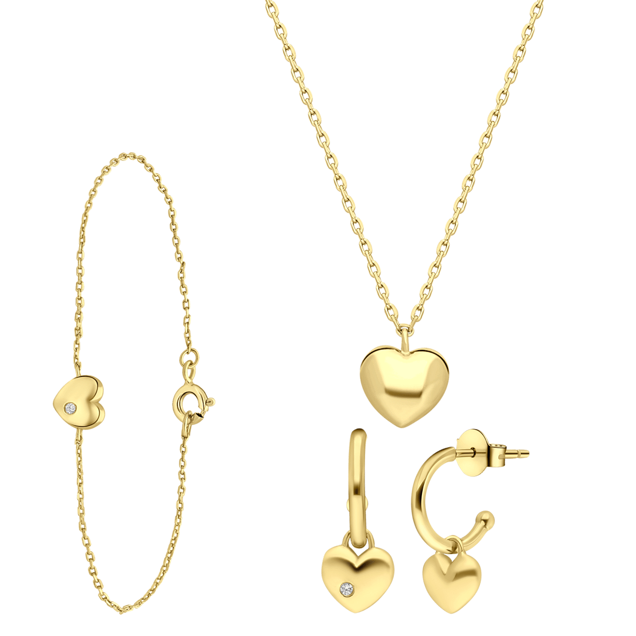 Zilveren goldplated set hart met zirkonia
