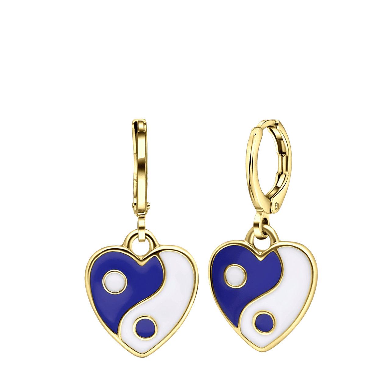 Stainless steel goldplated oorringen met hanger hart met blauw yin yang voor dames