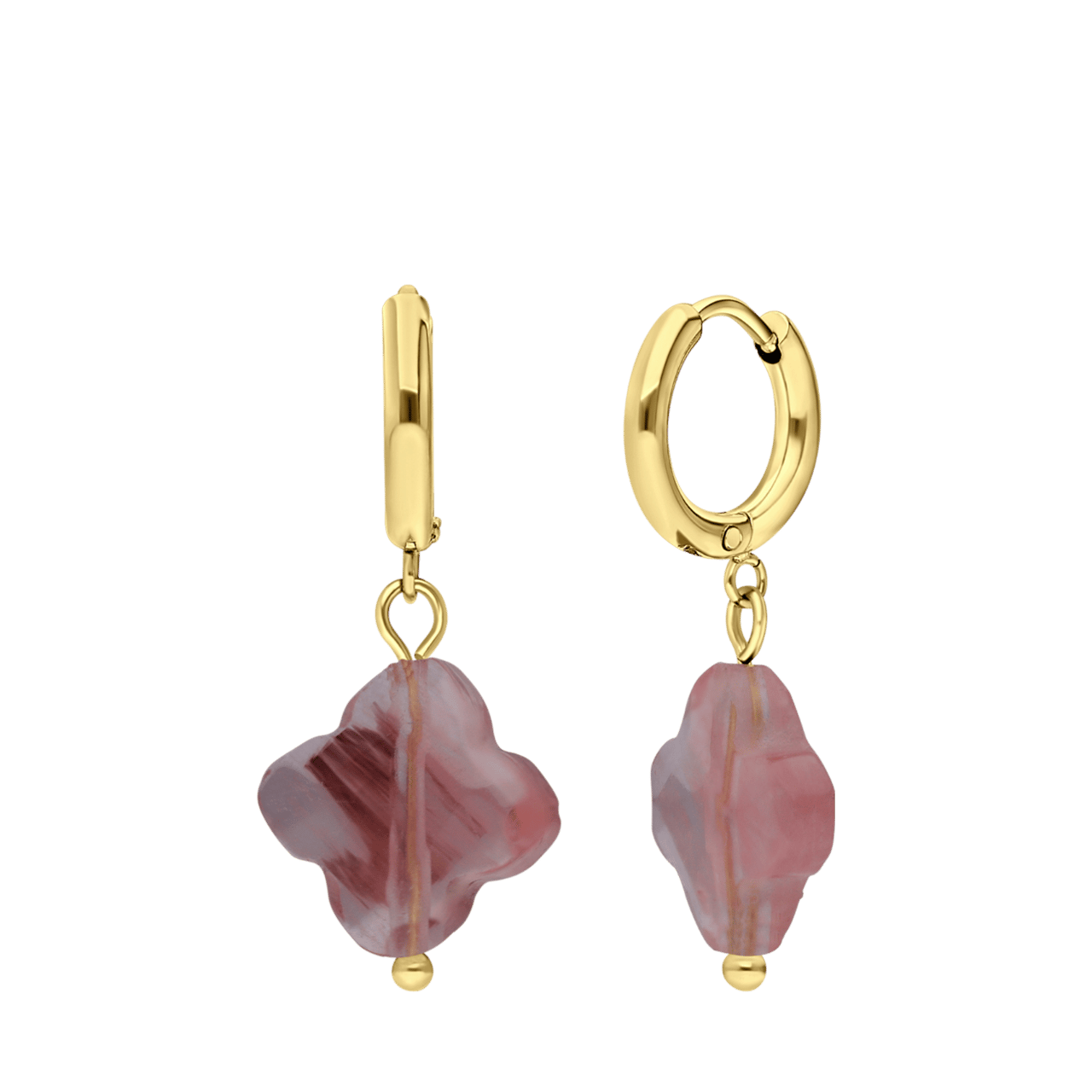 Stainless steel goldplated oorringen met hanger bloem met rhodoniet voor dames