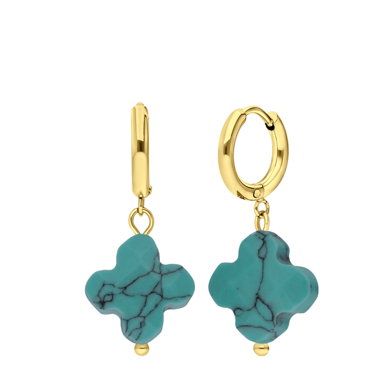 Stalen goldplated oorringen met hanger bloem met turquoise voor dames