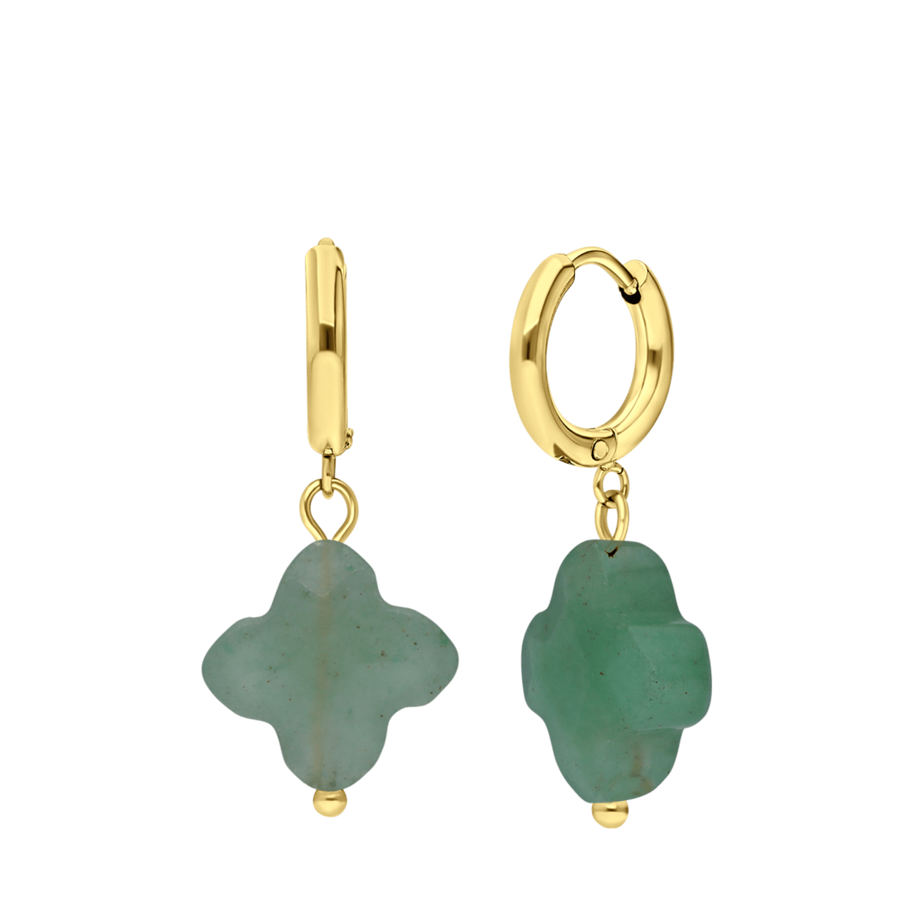 Stainless steel goldplated oorringen met hanger bloem met groene aventurijn voor dames