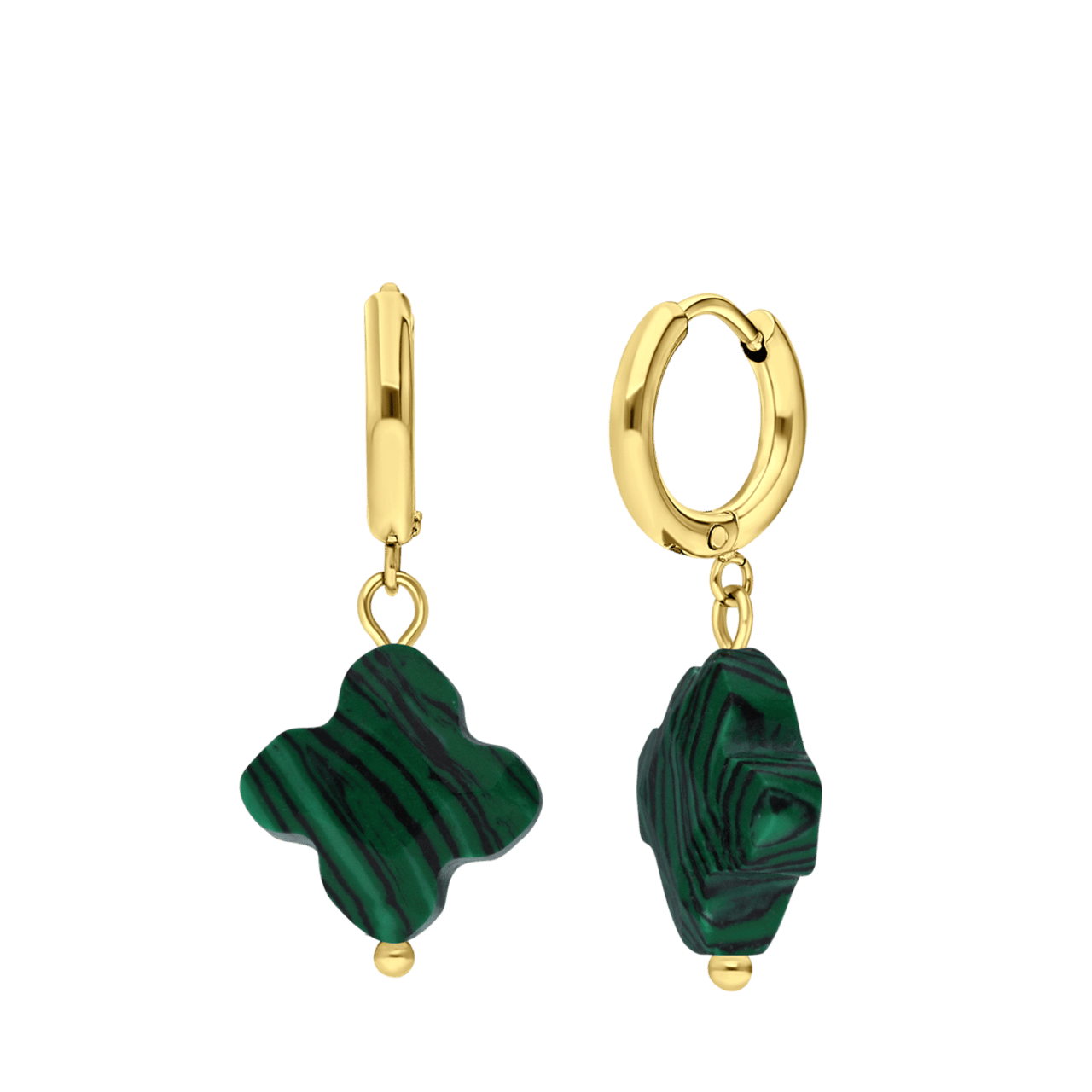 Stainless steel goldplated oorringen met hanger bloem met malachiet voor dames