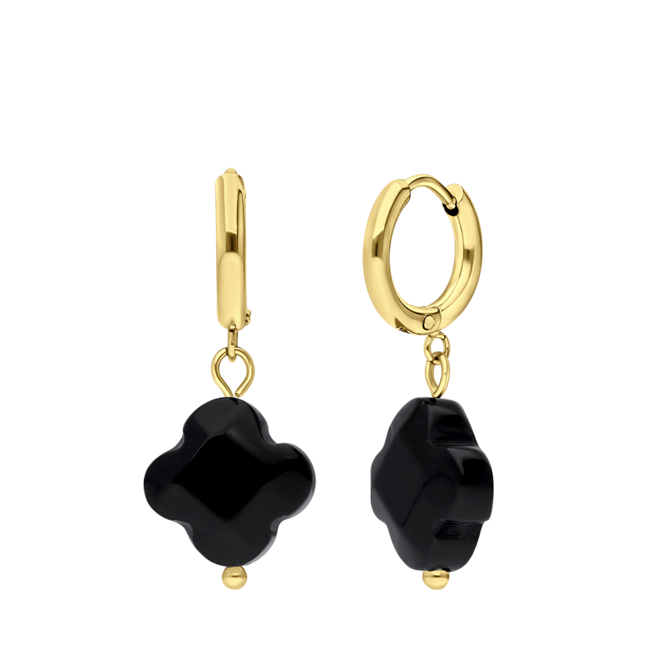 Stainless steel goldplated oorringen met hanger bloem met zwarte agaat voor dames