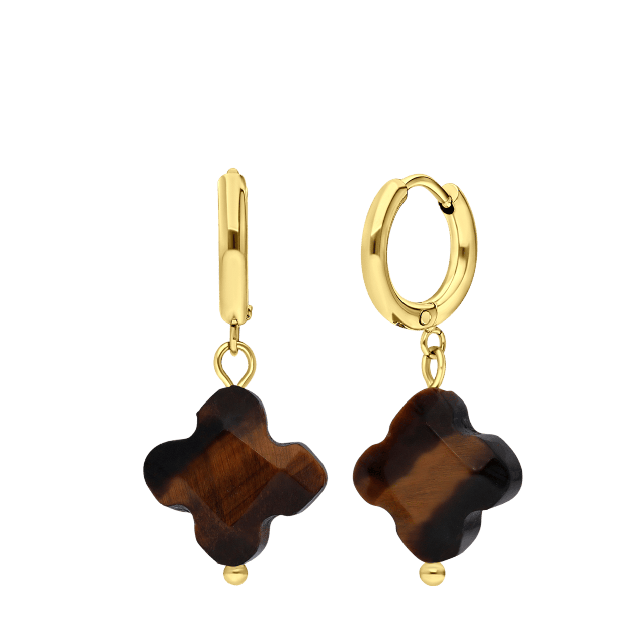 Stainless steel goldplated oorringen met hanger bloem met tijgeroog voor dames