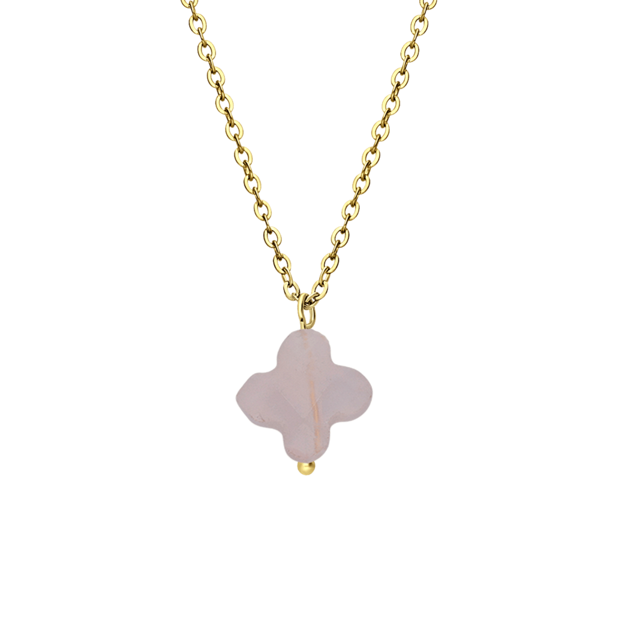 Stalen goldplated ketting met hanger bloem met rozenkwarts voor dames