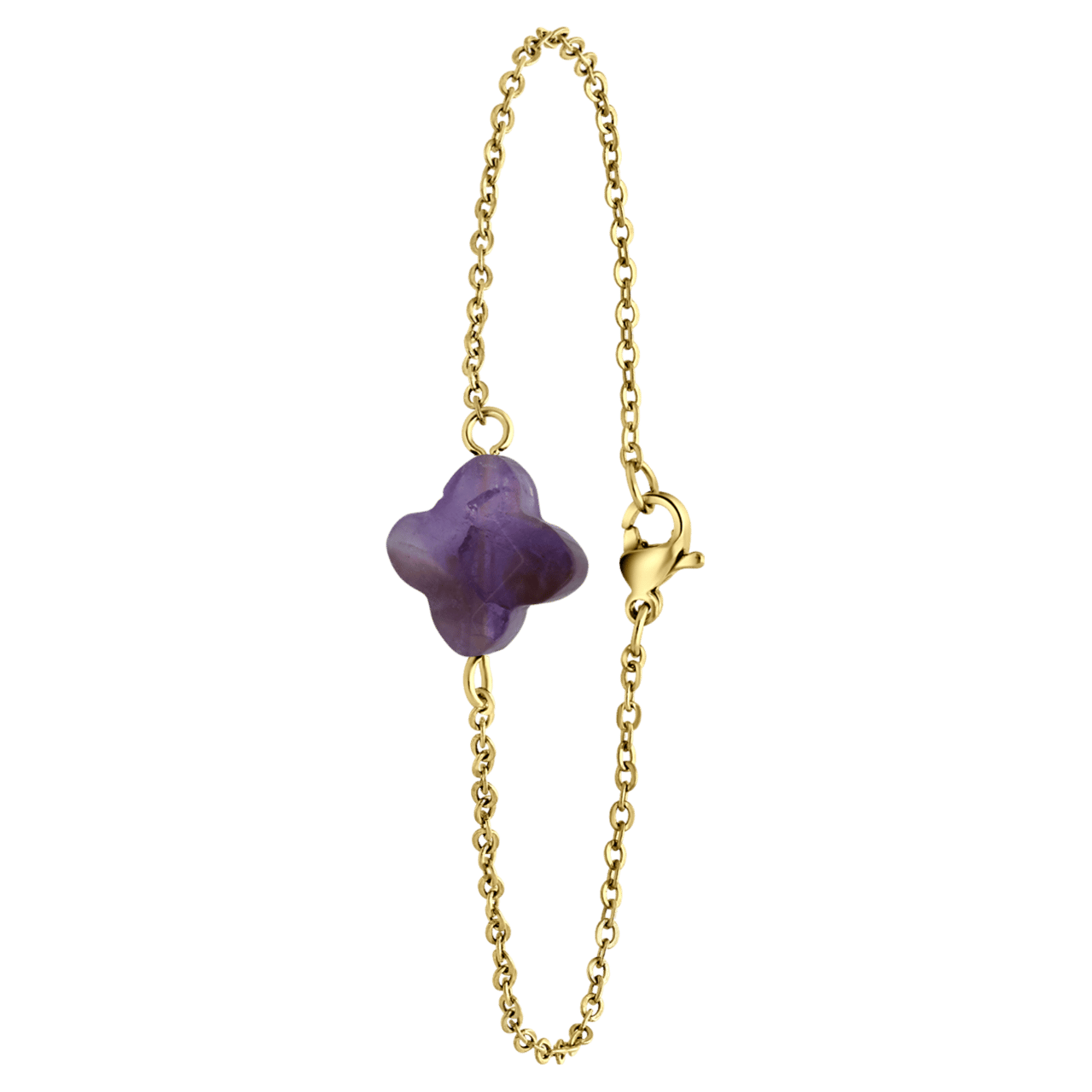 Stainless steel goldplated fantasiearmband met hanger bloem met amethyst voor dames