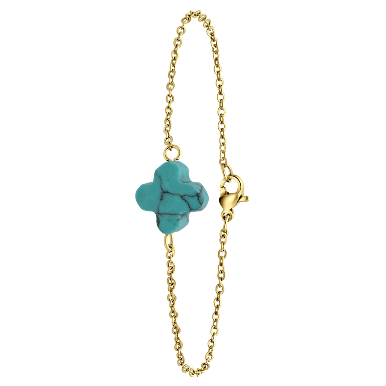 Stainless steel goldplated fantasiearmband met hanger bloem met turquoise voor dames