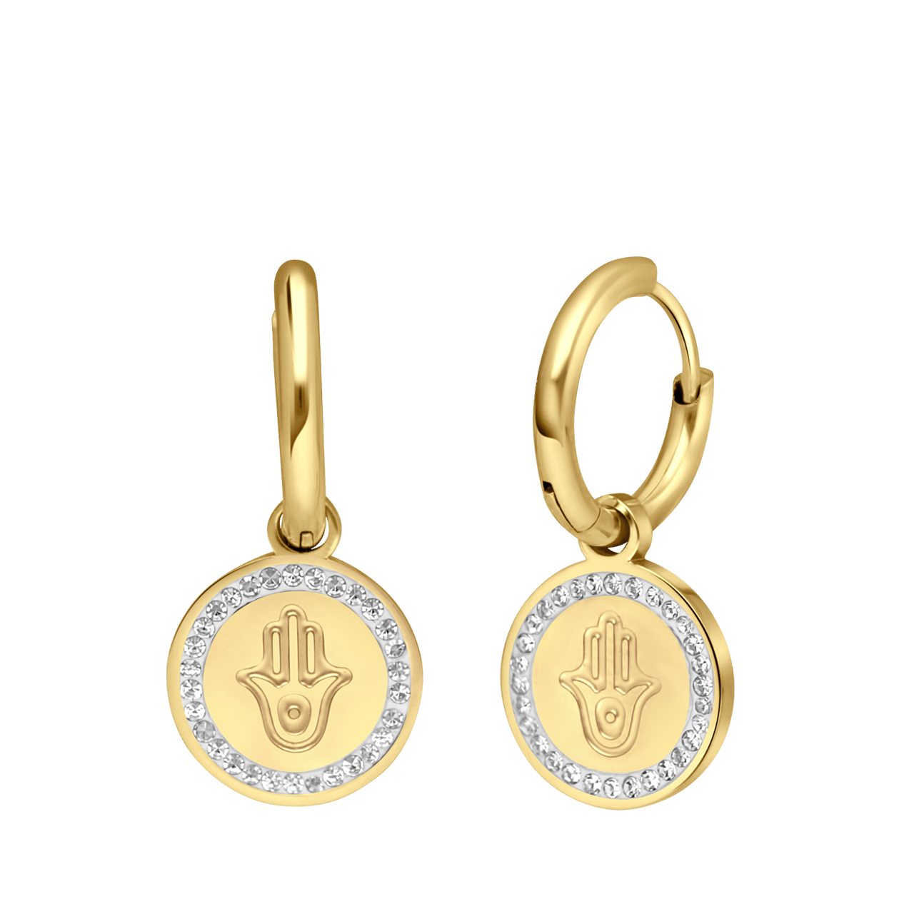 LivLiv stainless steel goldplated oorringen met hamsa hand voor dames