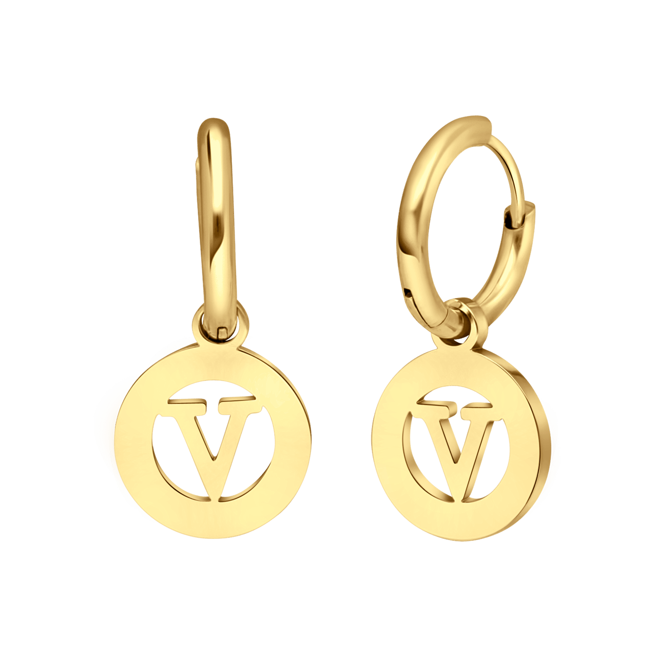 Stalen goldplated oorringen met letterhanger V voor dames