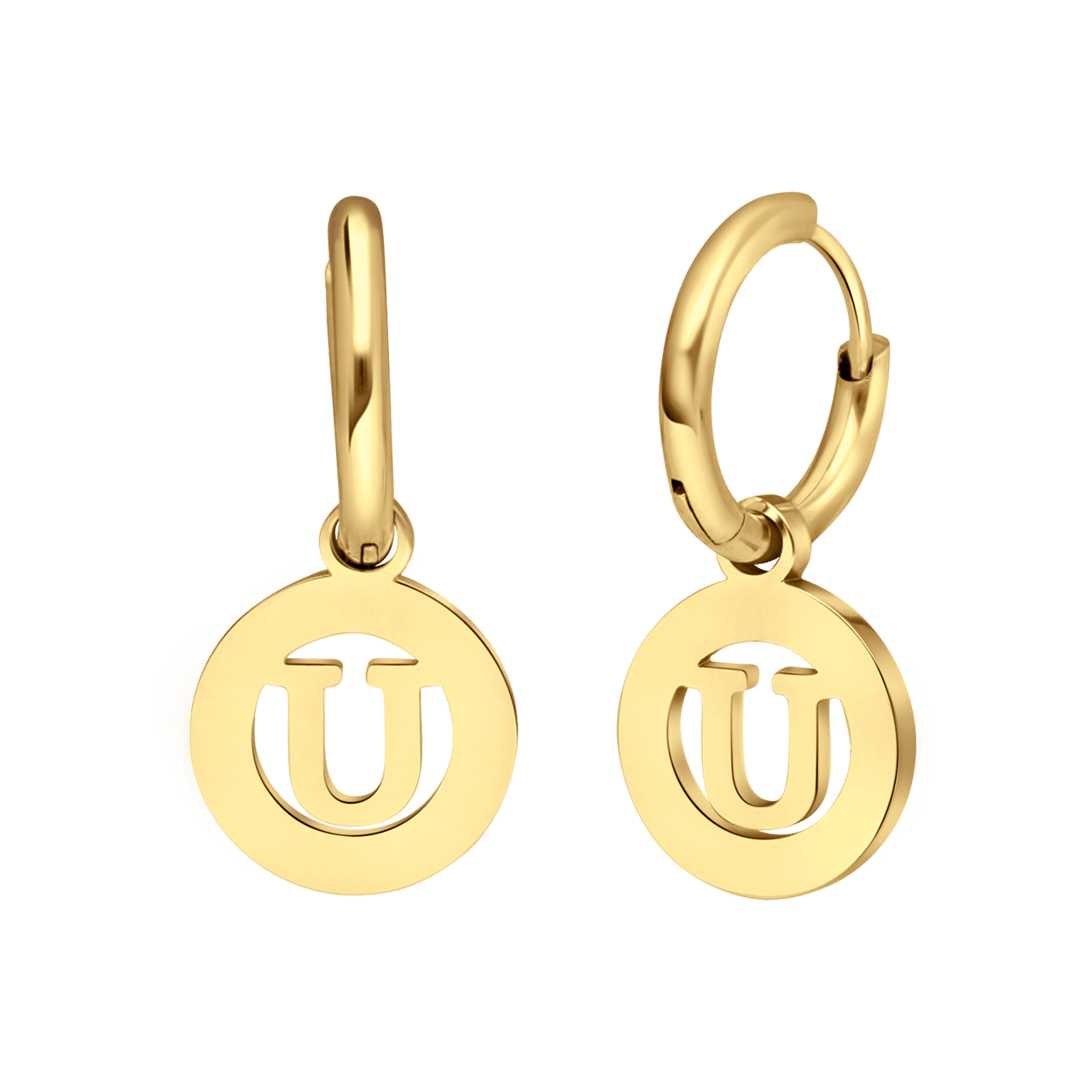Stainless steel goldplated oorbellen met letter - U