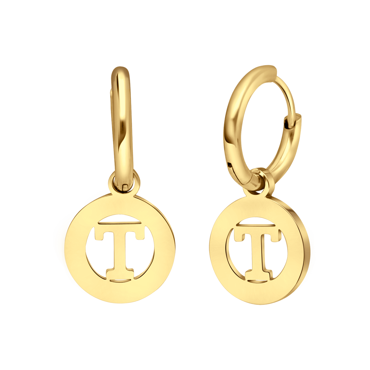 Stainless steel goldplated oorbellen met letter - T