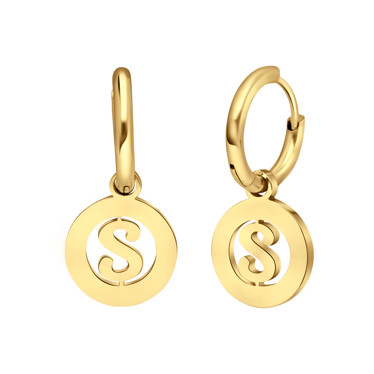 Stainless steel goldplated oorringen met letterhanger S voor dames