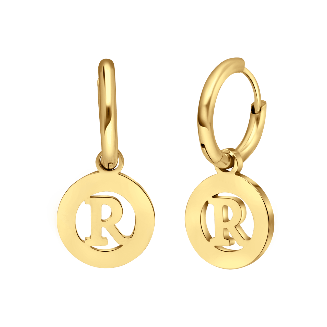 Stainless steel goldplated oorringen met letterhanger R voor dames