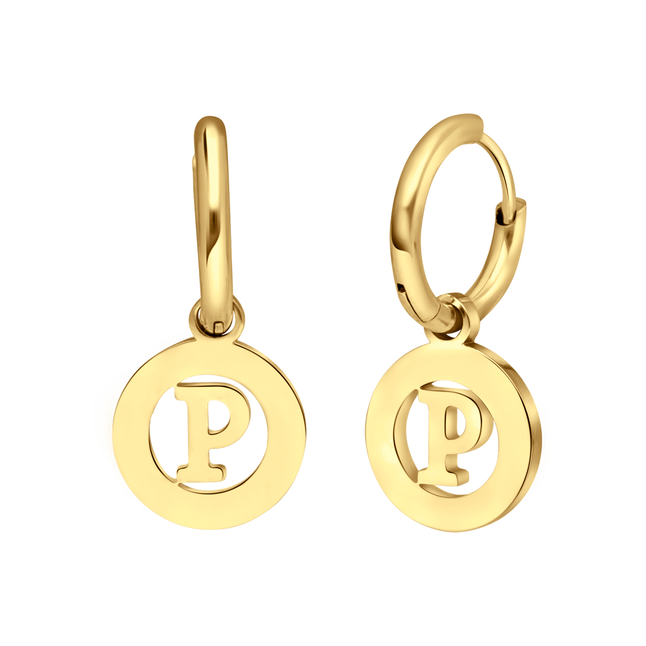Stainless steel goldplated oorringen met letterhanger P voor dames