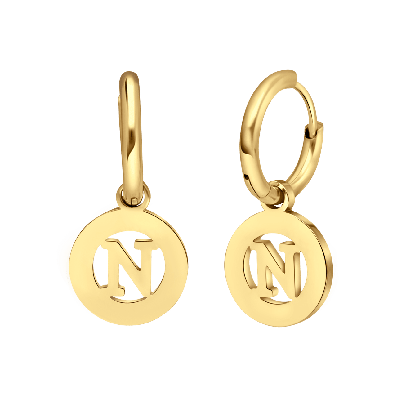 Stainless steel goldplated oorringen met letterhanger N voor dames