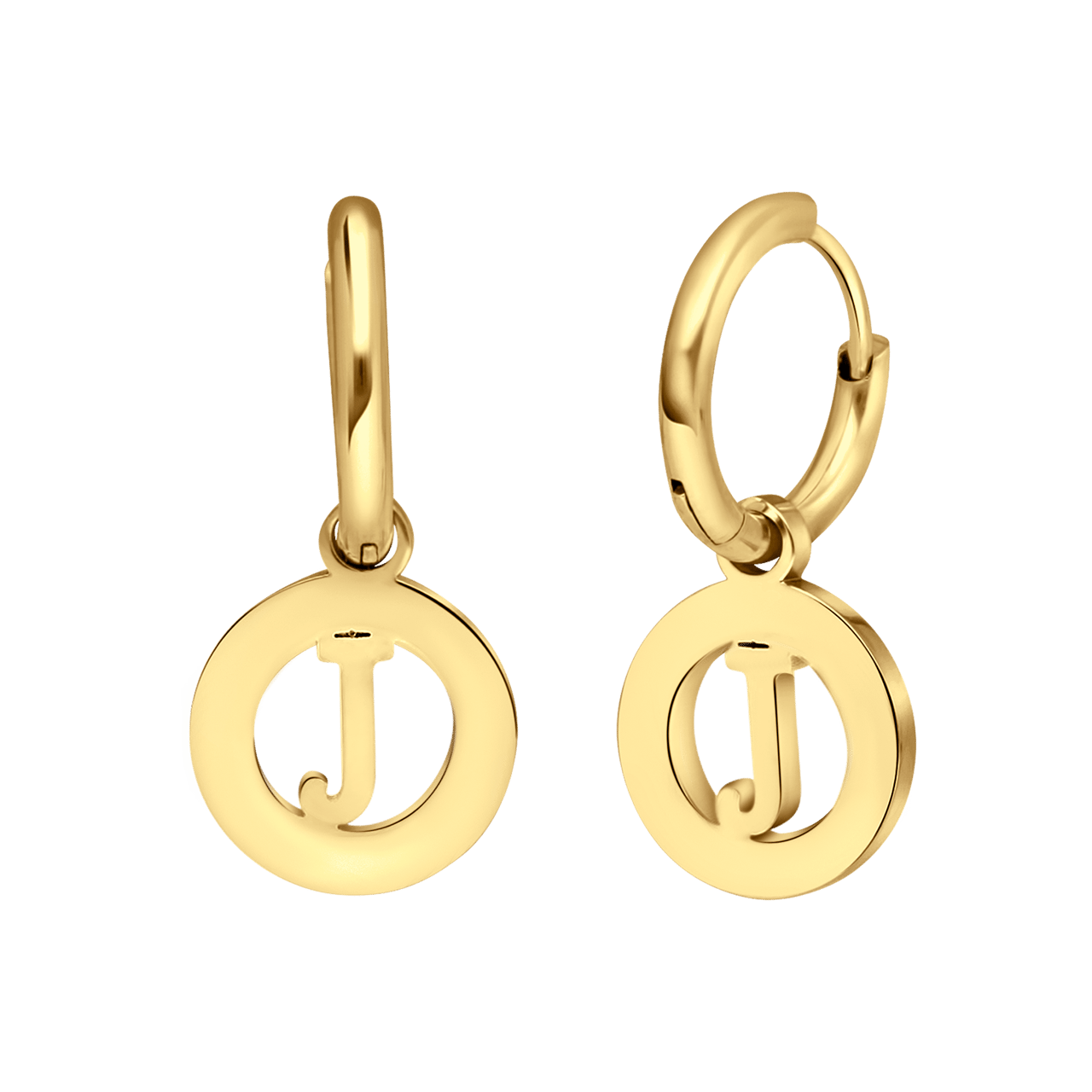 Stainless steel goldplated oorringen met letterhanger J voor dames
