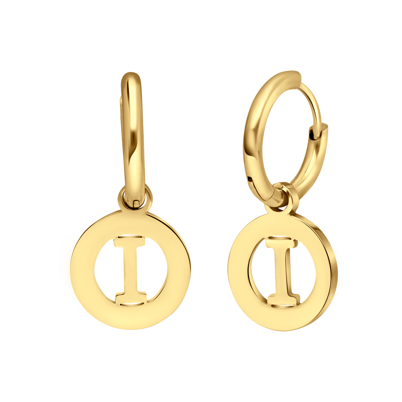 Stainless steel goldplated oorringen met letterhanger I voor dames
