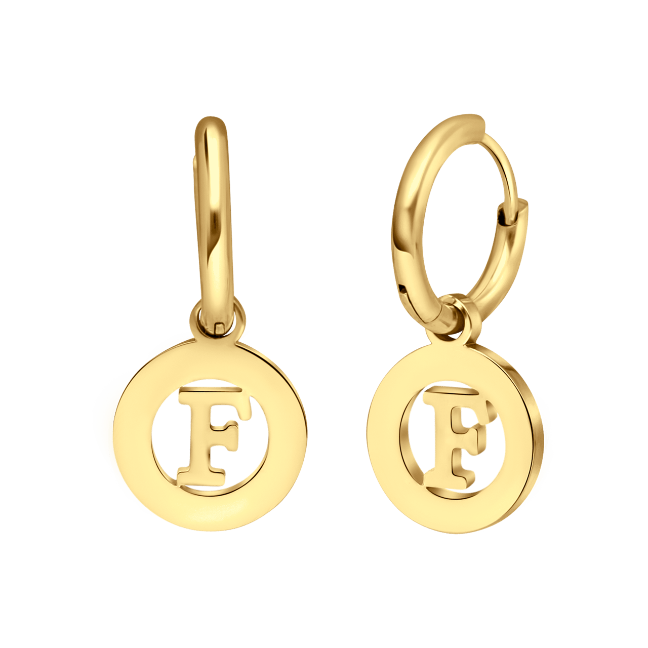 Stainless steel goldplated oorringen met letterhanger F voor dames