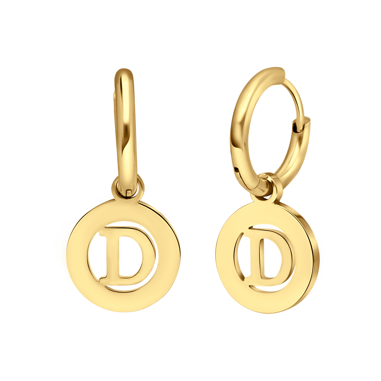 Stainless steel goldplated oorringen met letterhanger D voor dames