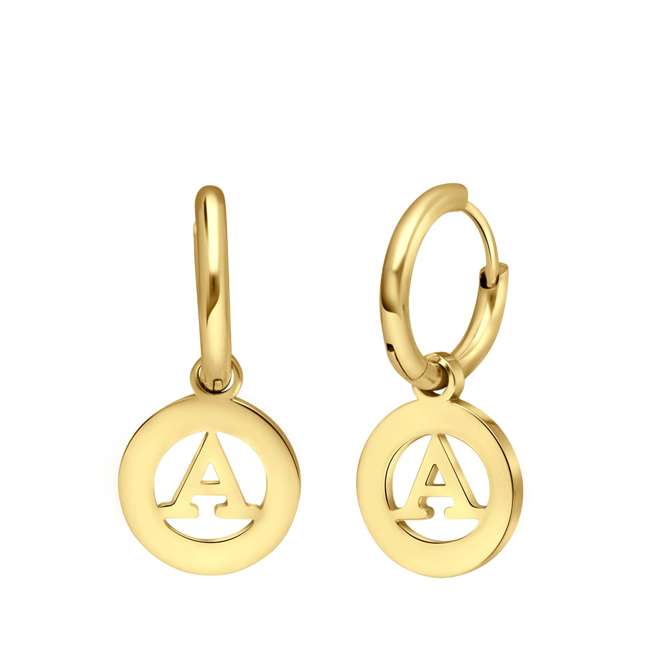 Stainless steel goldplated oorringen met letterhanger A voor dames