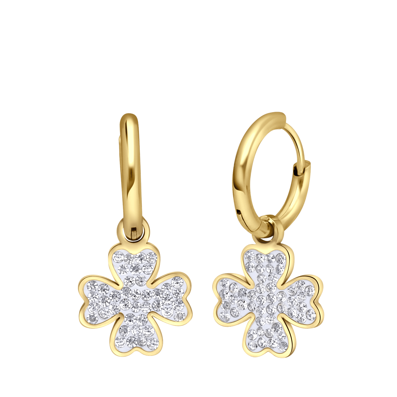 Stainless steel goldplated oorringen met hanger klaver met kristal voor dames