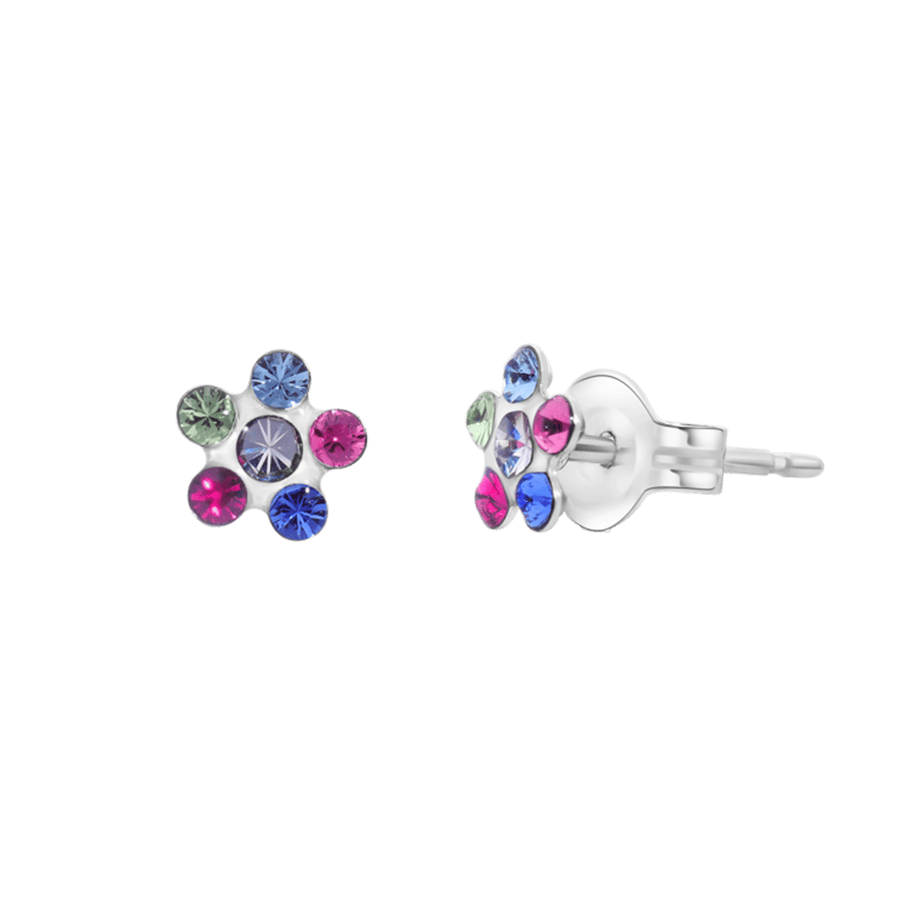 Tiny Tips, Edelstahlohrringe, Blume, bunte Kristalle