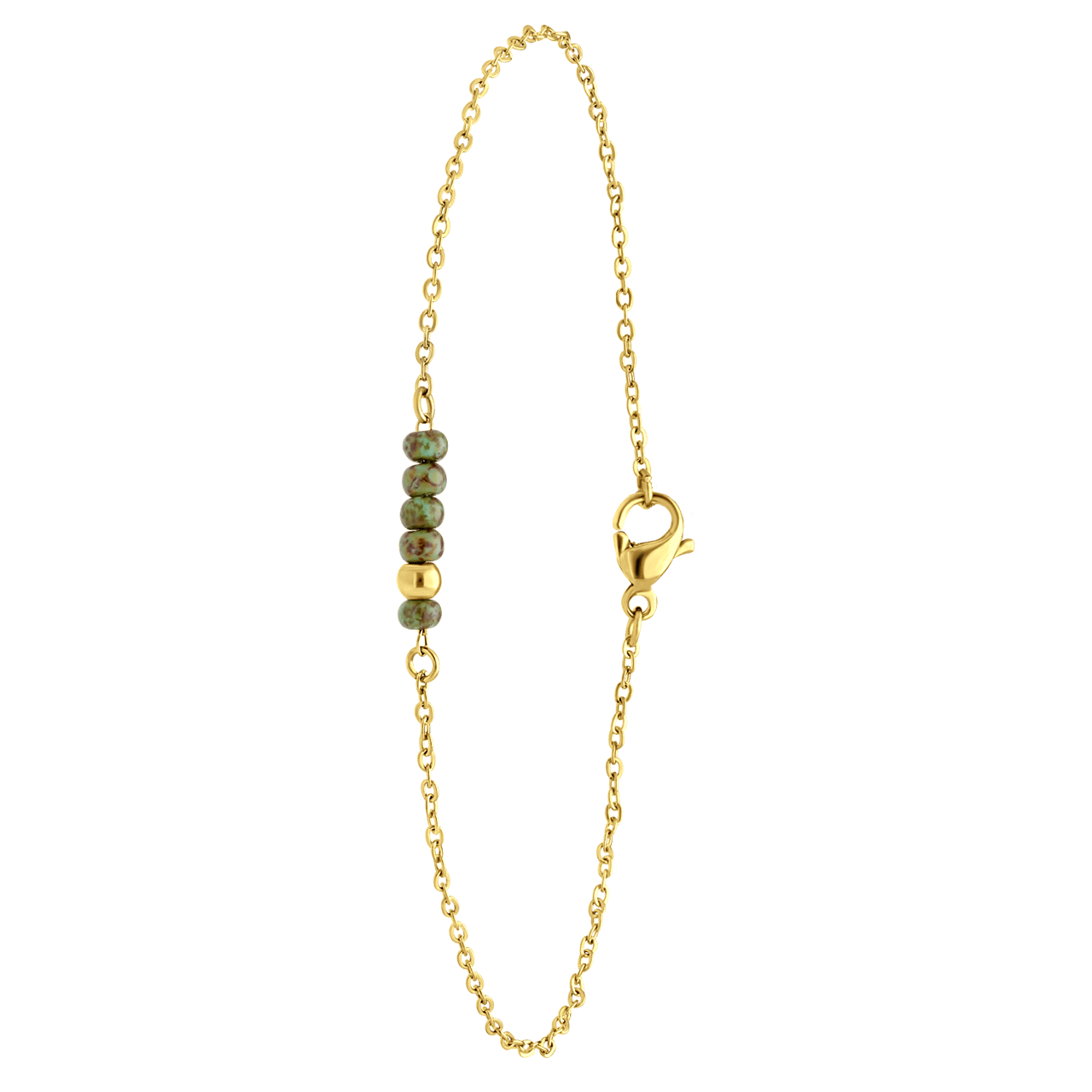 Gerecycleerd stainless steel goldplated armband met groene kralen