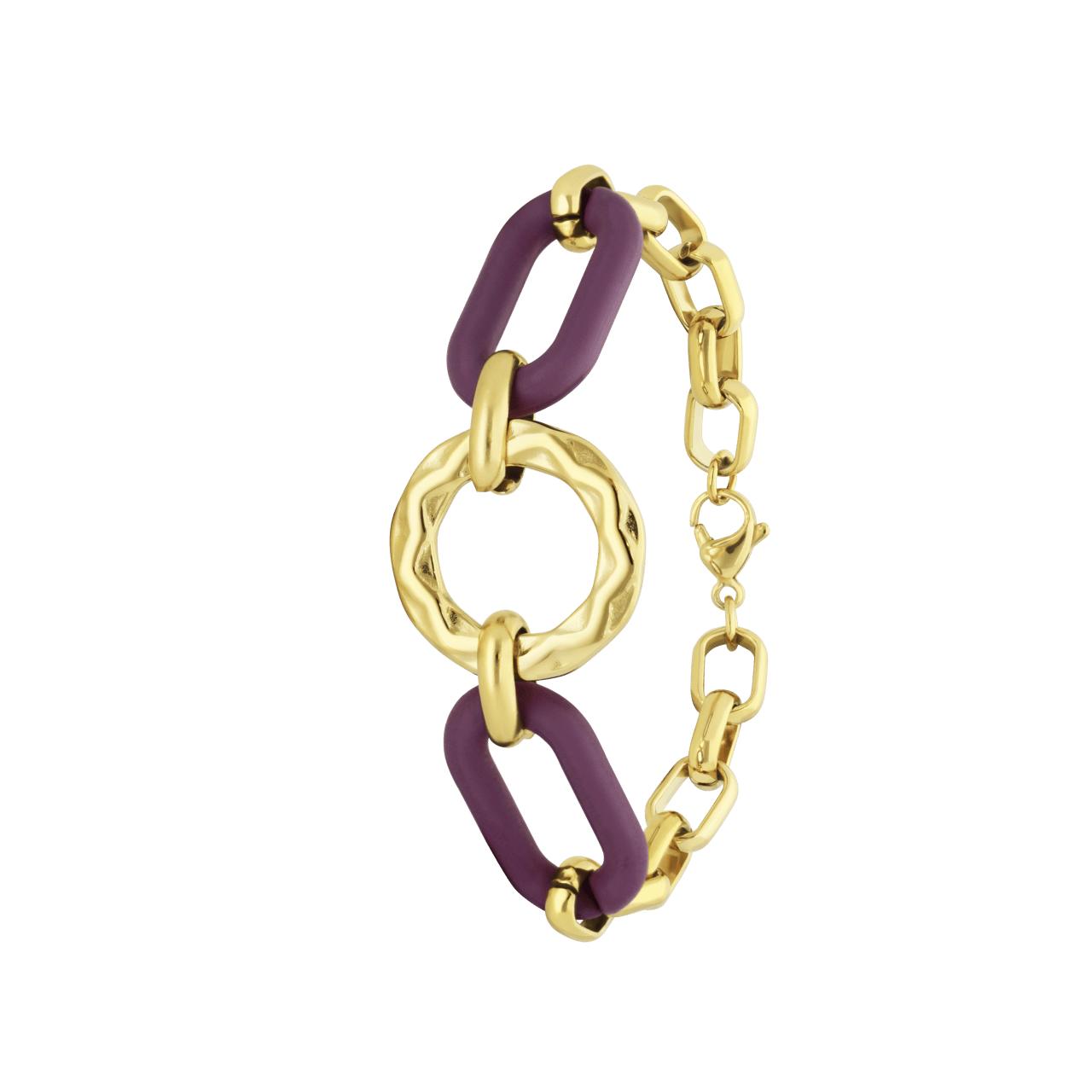 Stainless steel goldplated armband met donker paarse schakels
