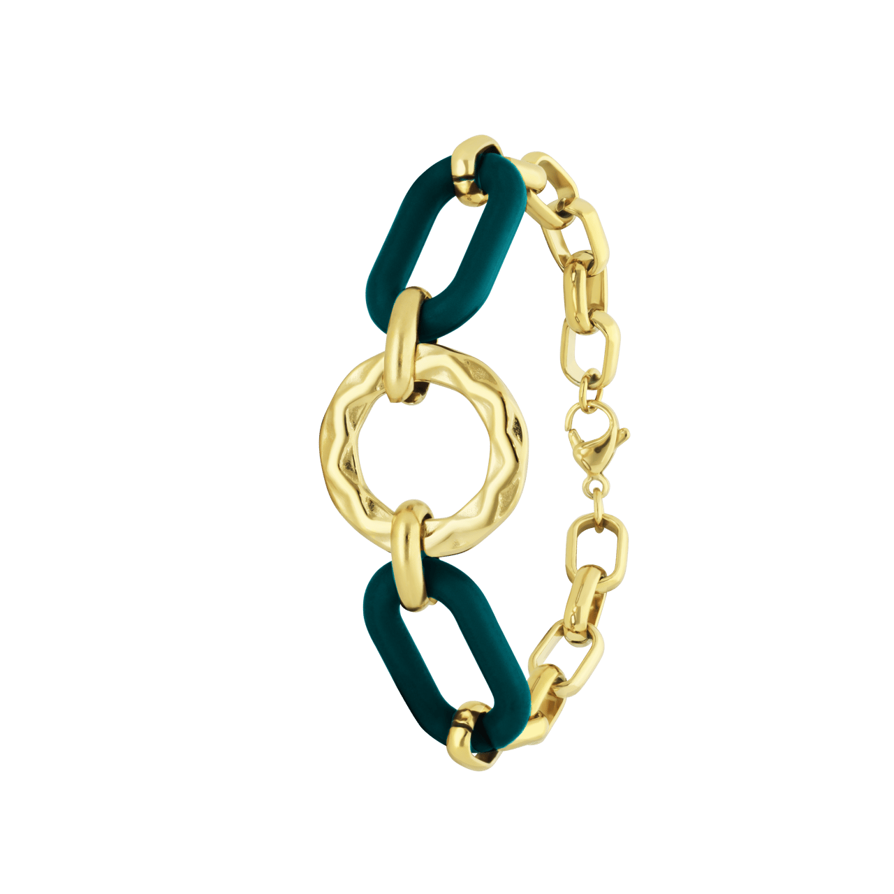 Stainless steel goldplated armband met donker groen schakels