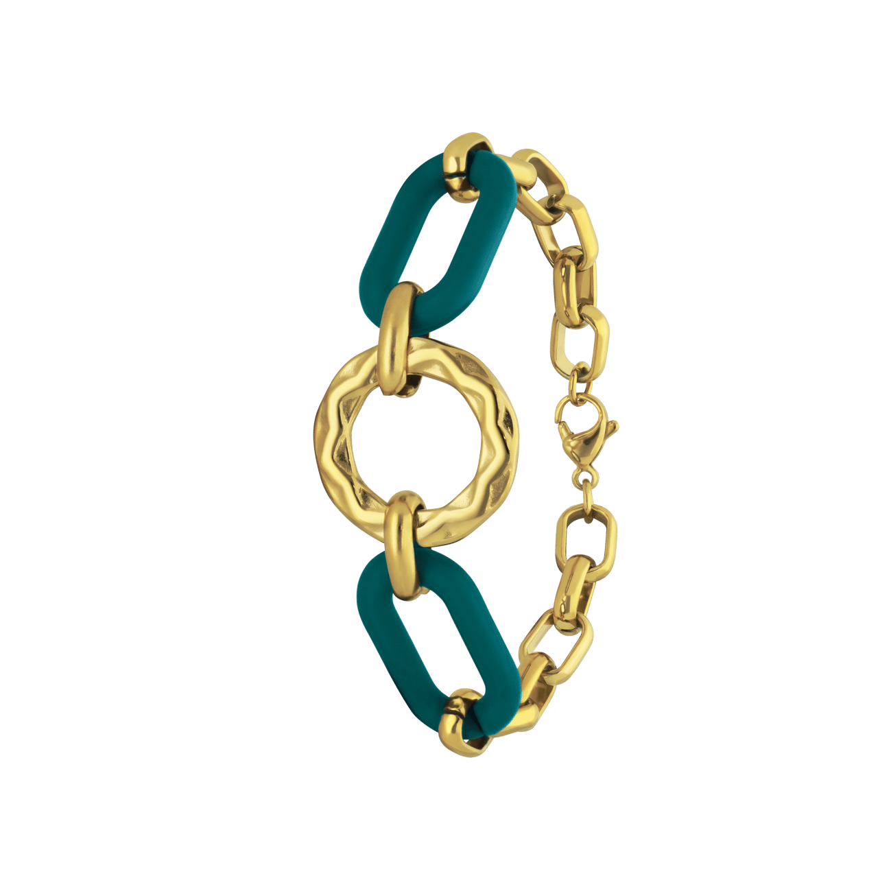 Stainless steel goldplated armband met blauwe schakels