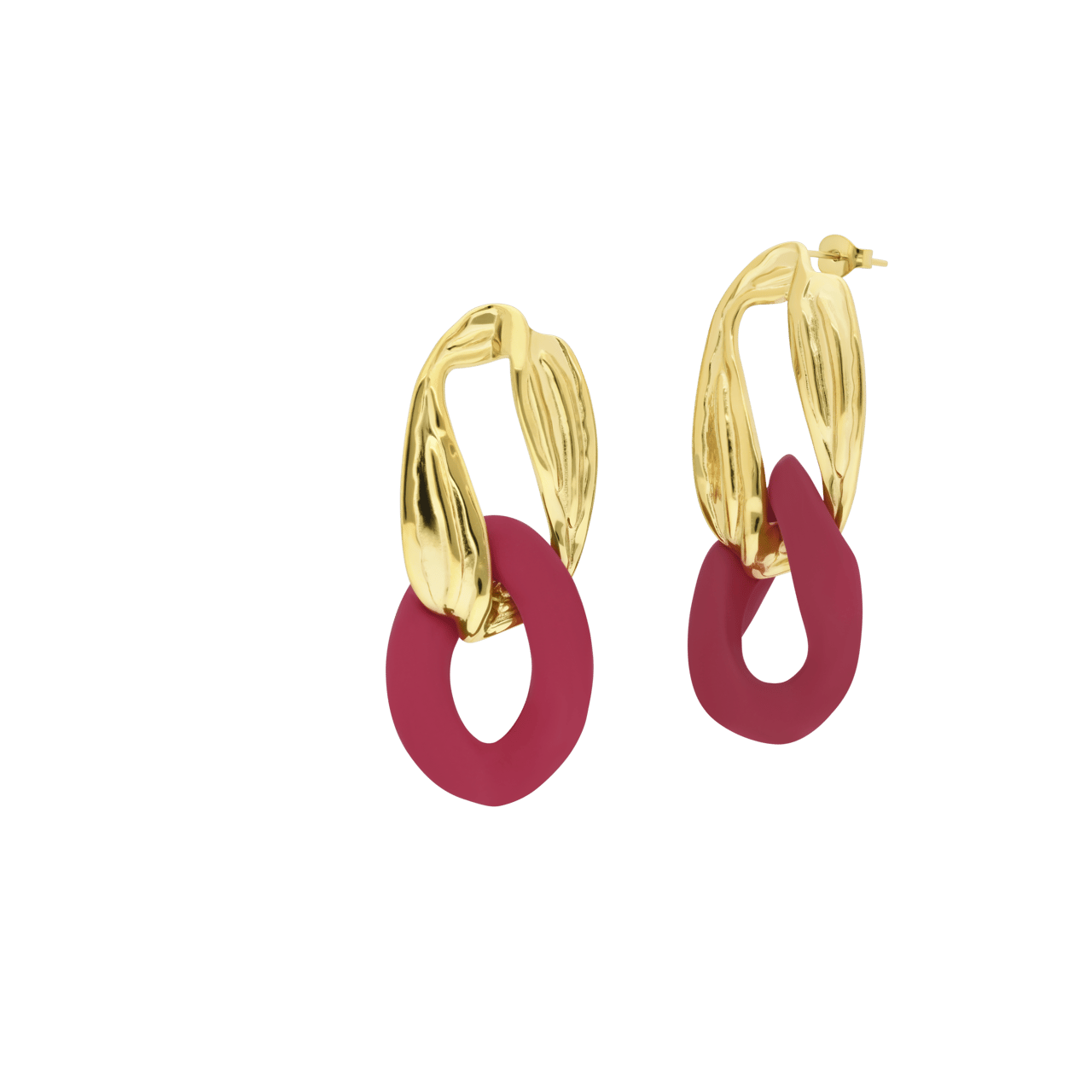 Stalen goldplated oorbellen met fuchsia ovale hanger