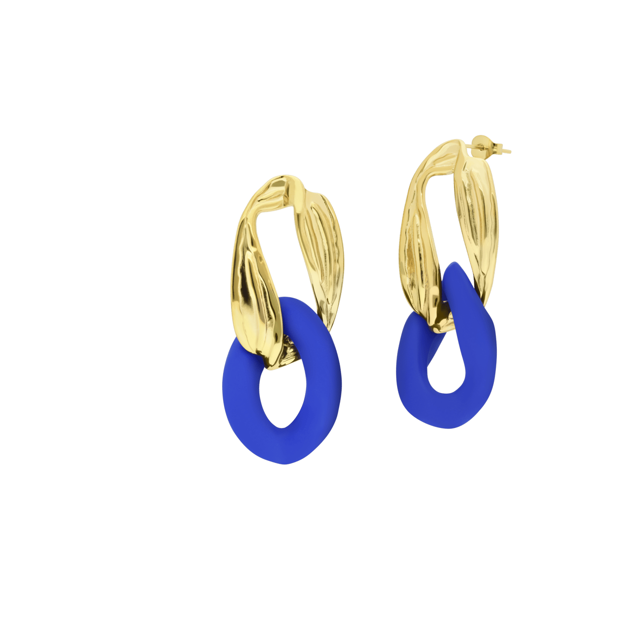 Stainless steel goldplated oorbellen met donker blauwe ovale hanger