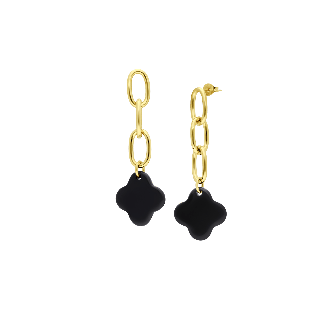 Stainless steel goldplated oorbellen met zwarte klaver