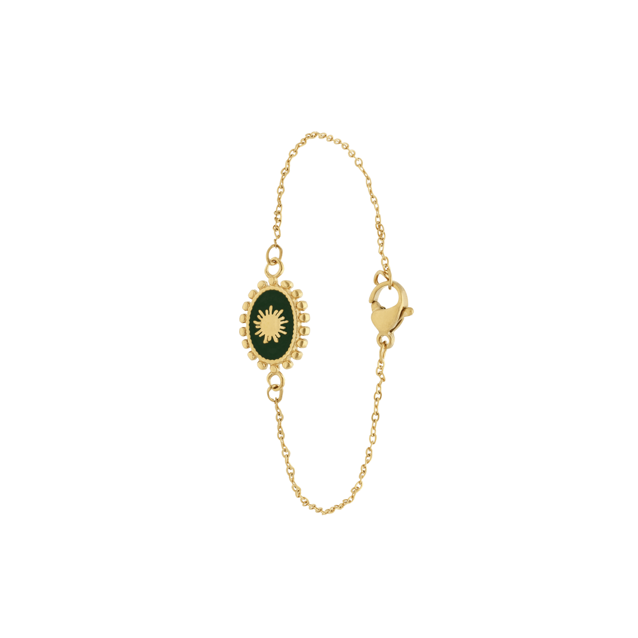 Stainless steel goldplated armband met groene ovale munt