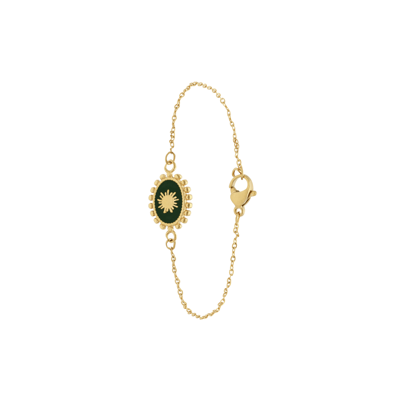 Stalen goldplated fantasiearmband met hanger met groene ovale munt voor dames