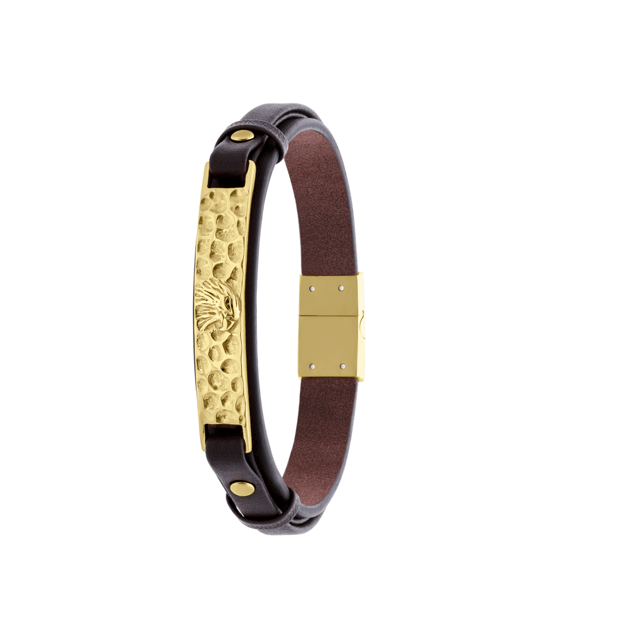 Gerecycled stalen goldplated armband leer met plaat gehamerd
