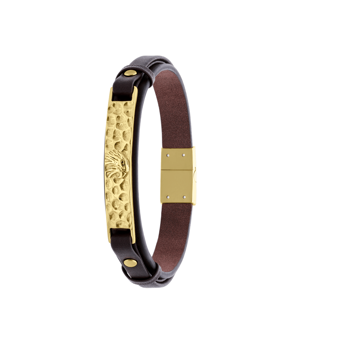 Gerecycleerd stainless steel goldplated armband leer met plaat gehamerd