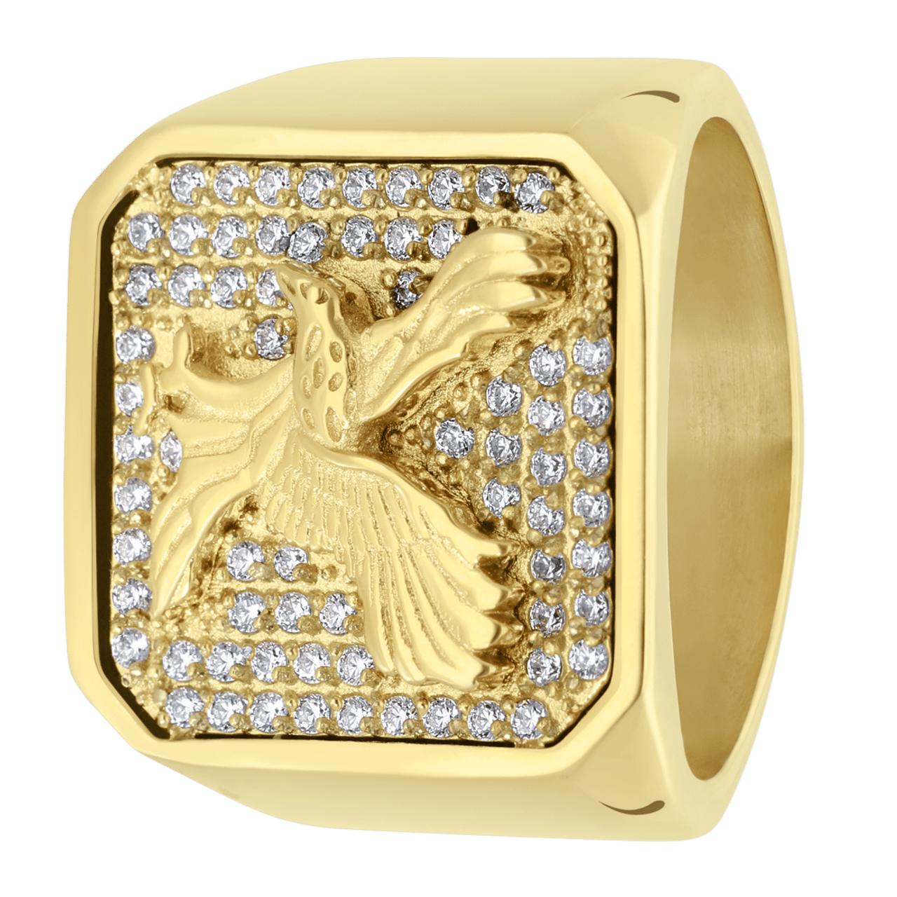Gerecycleerd stainless steel goldplated zegelring adelaar met zirkonia