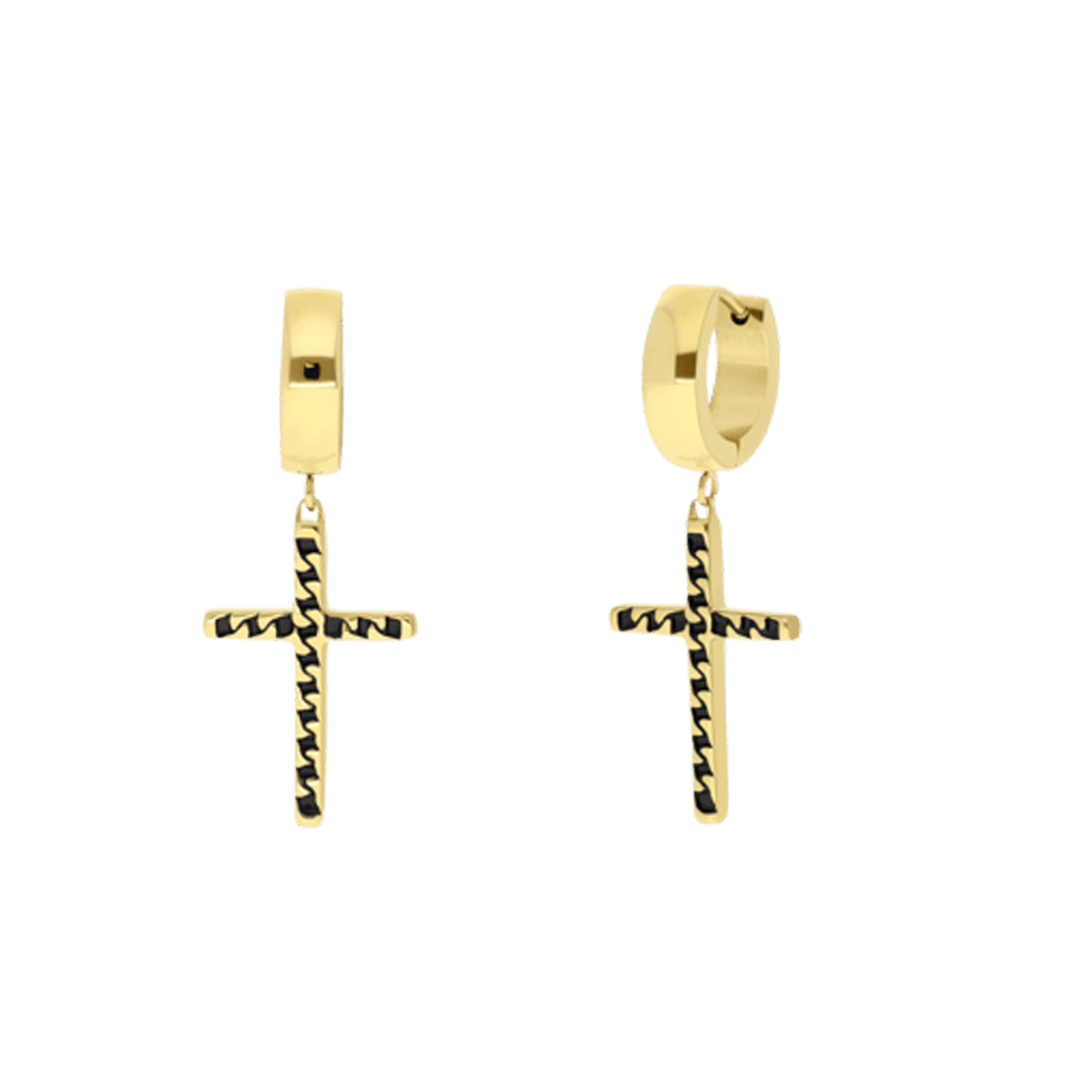 Gerecycled stainless steel goldplated oorringen met kruis zwart voor heren