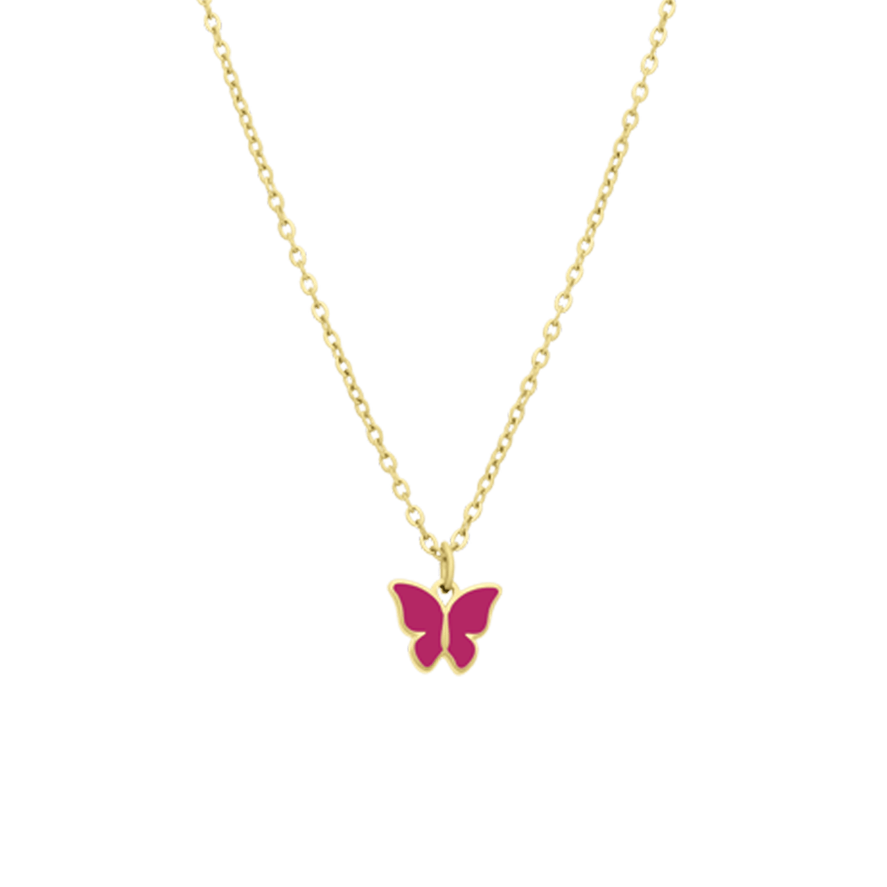 Stalen goldplated ketting met vlinder fuchsia