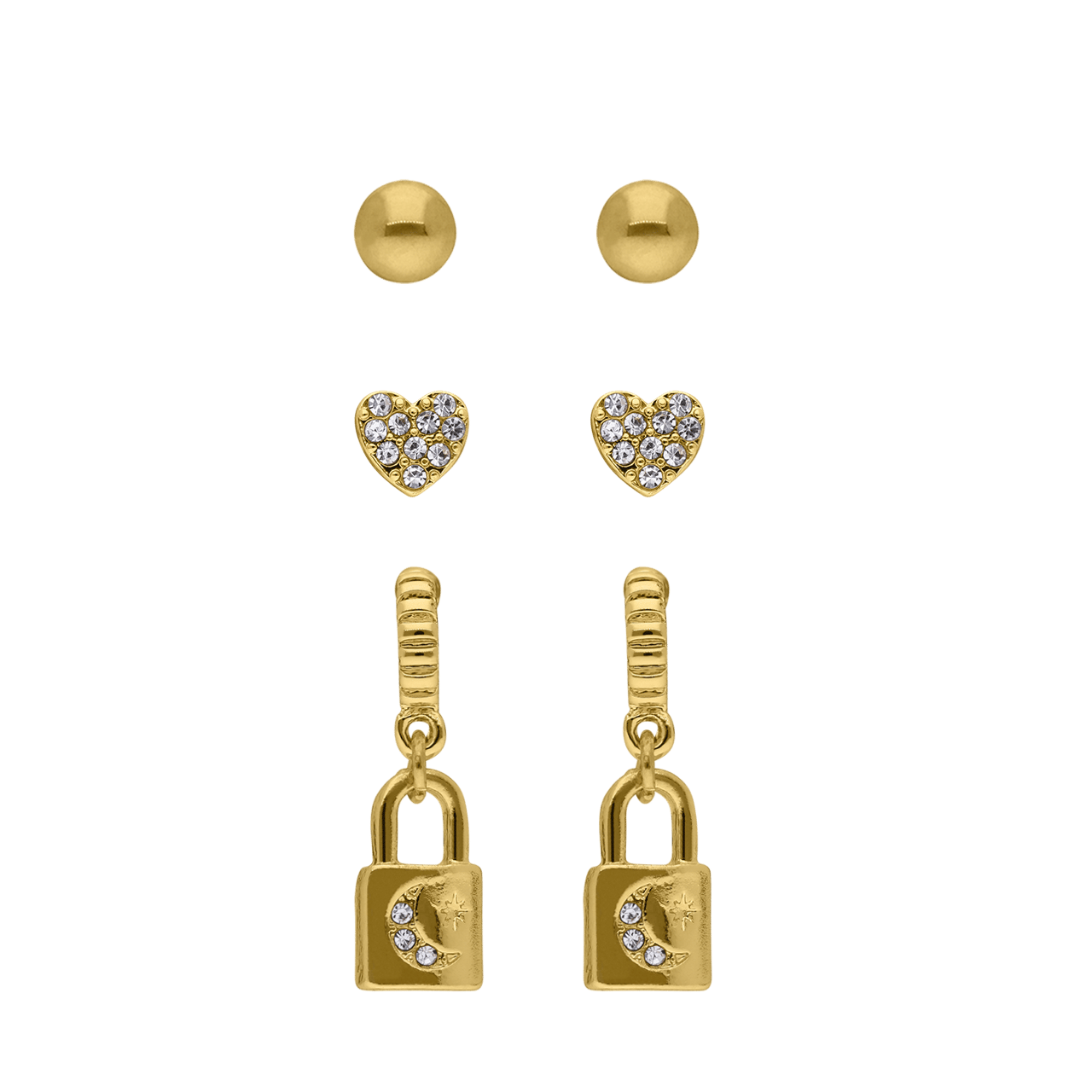 Goudkleurige bijoux 3 oorbellen set met hart, slotje en maan