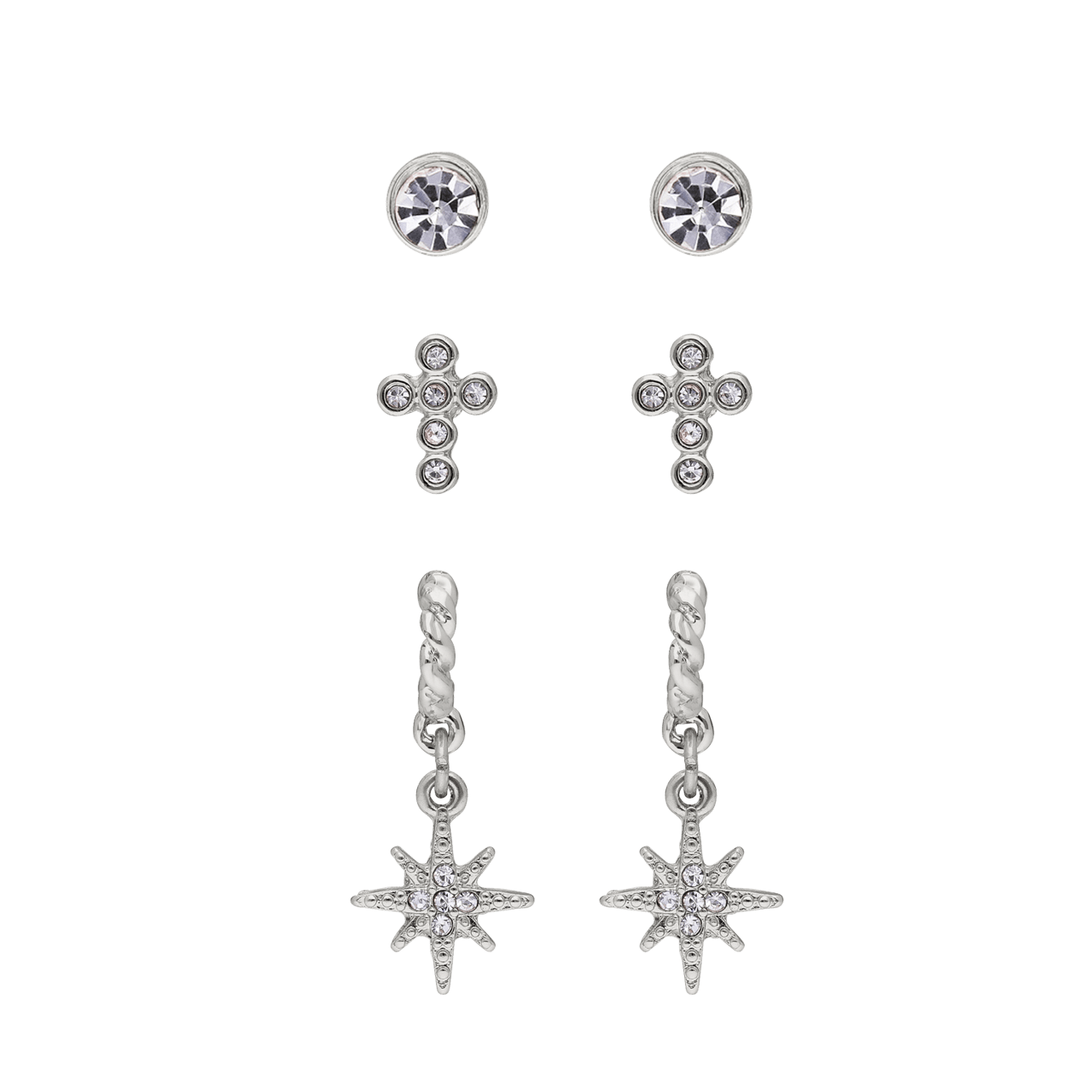 Zilverkleurige bijoux 3 oorbellen set met kruis en ster