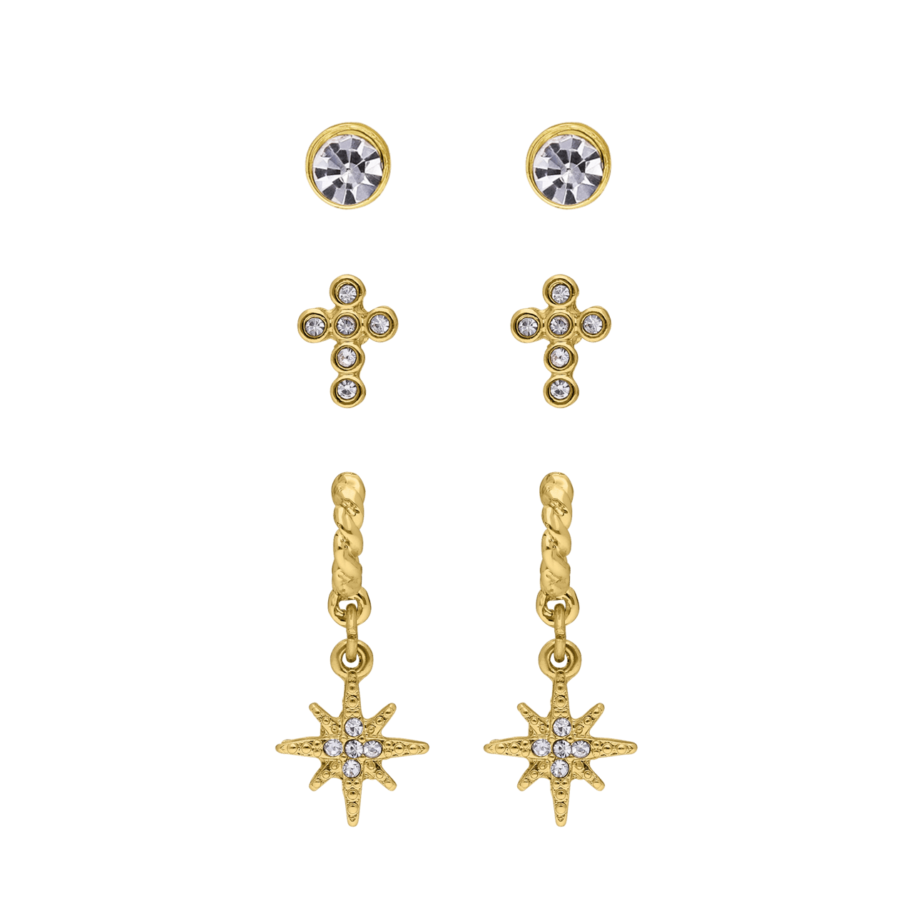 Goudkleurige bijoux 3 oorbellen set met kruis en ster