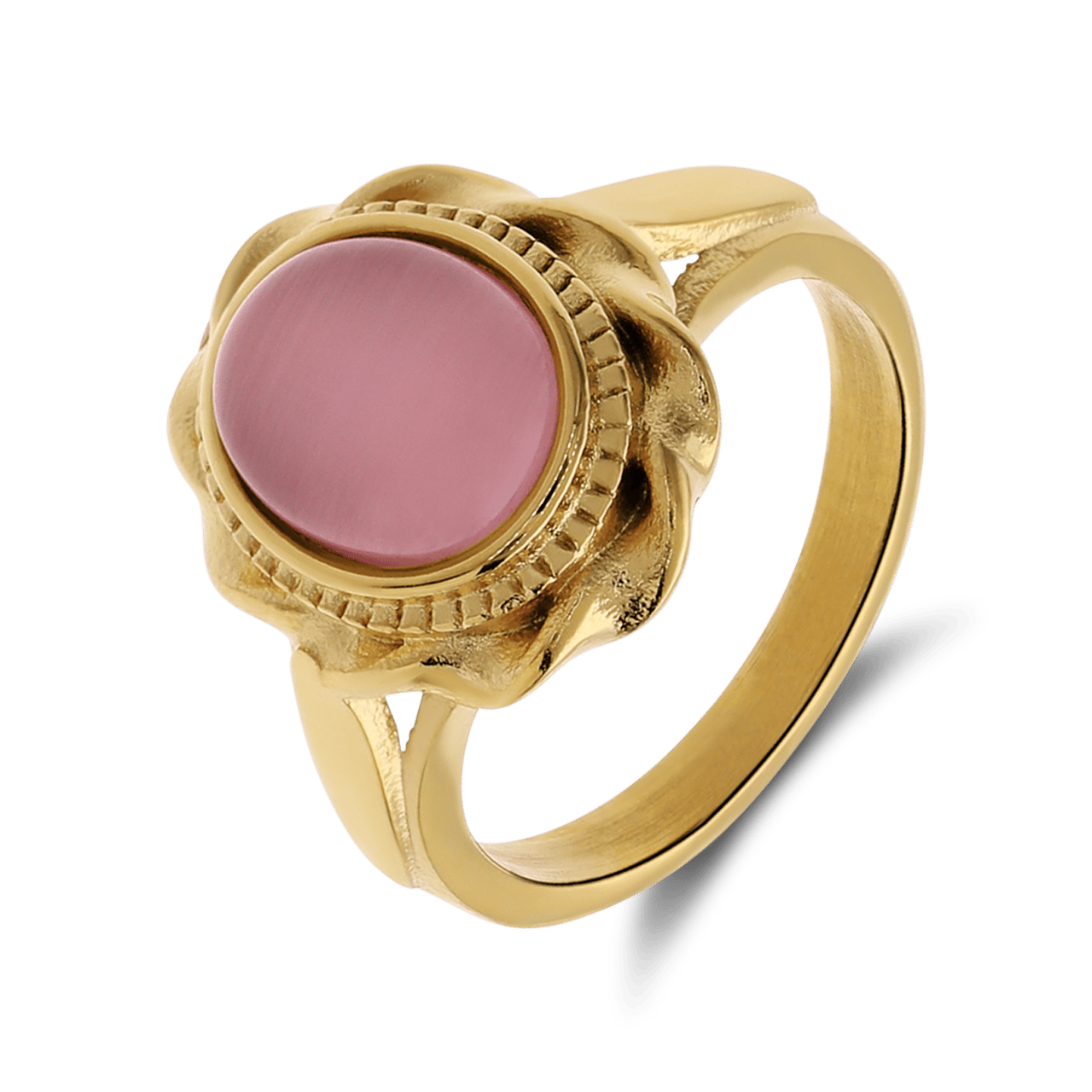 Stalen goldplated vintage ring met bloem roze