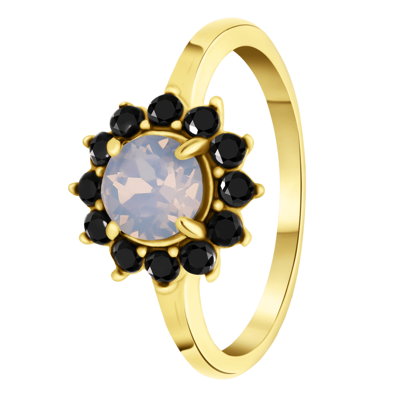 Stainless steel goldplated vintage ring met bloem zwart en roze